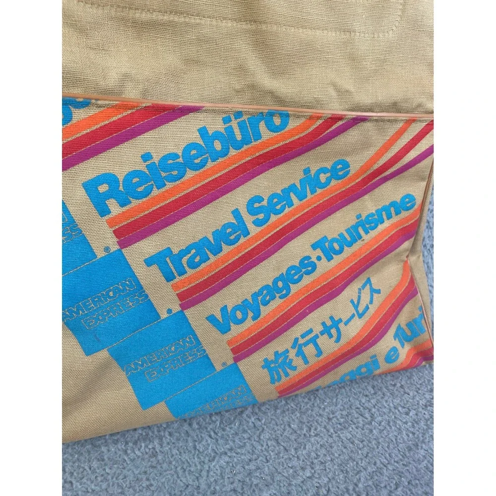 American‎ Express Travel Service Canvas Duffle Bag Beige Blue Logo Zip Top